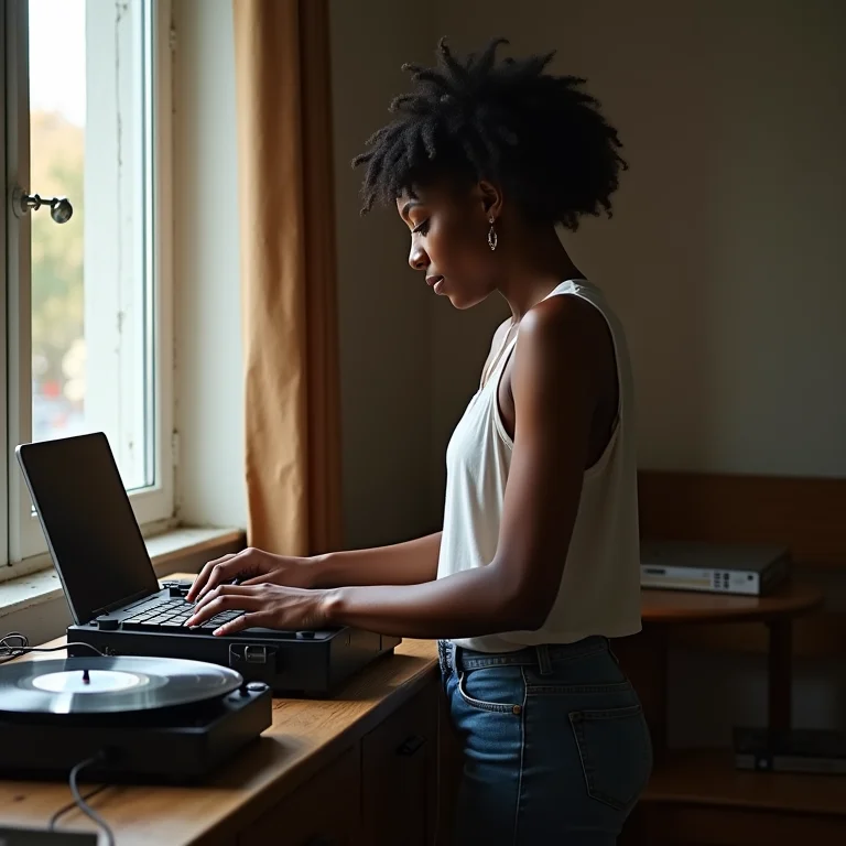 Mulher digitalizando coleção de discos de vinil