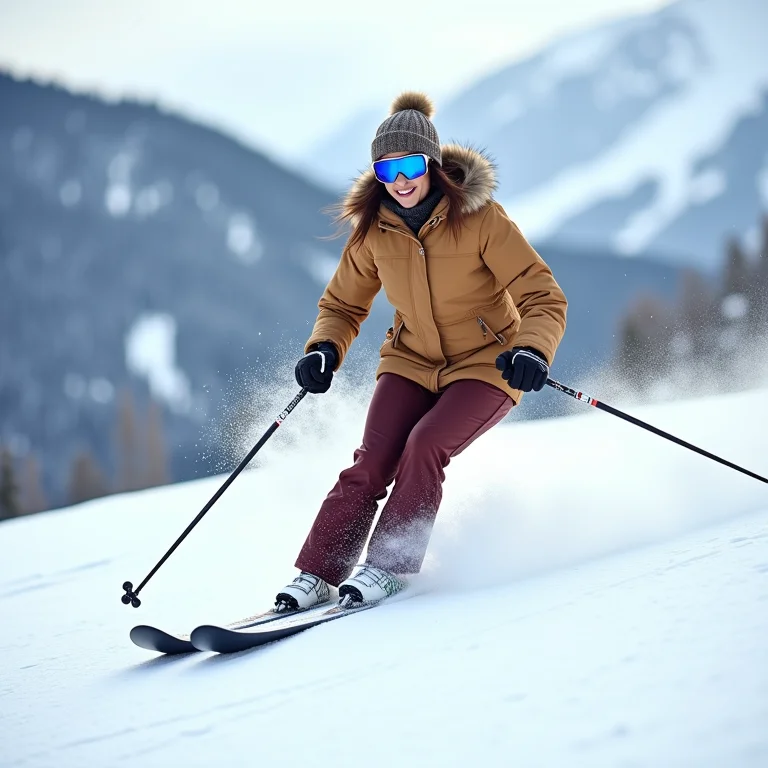 Mulher diversa esquiando em Aspen, Colorado, com montanhas ao fundo.