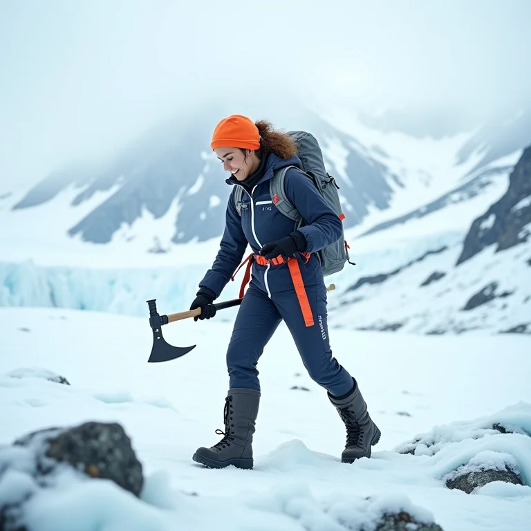 Mulher diversa vestindo equipamento de trekking no gelo, caminhando cuidadosamente em uma geleira com um machado de gelo na mão