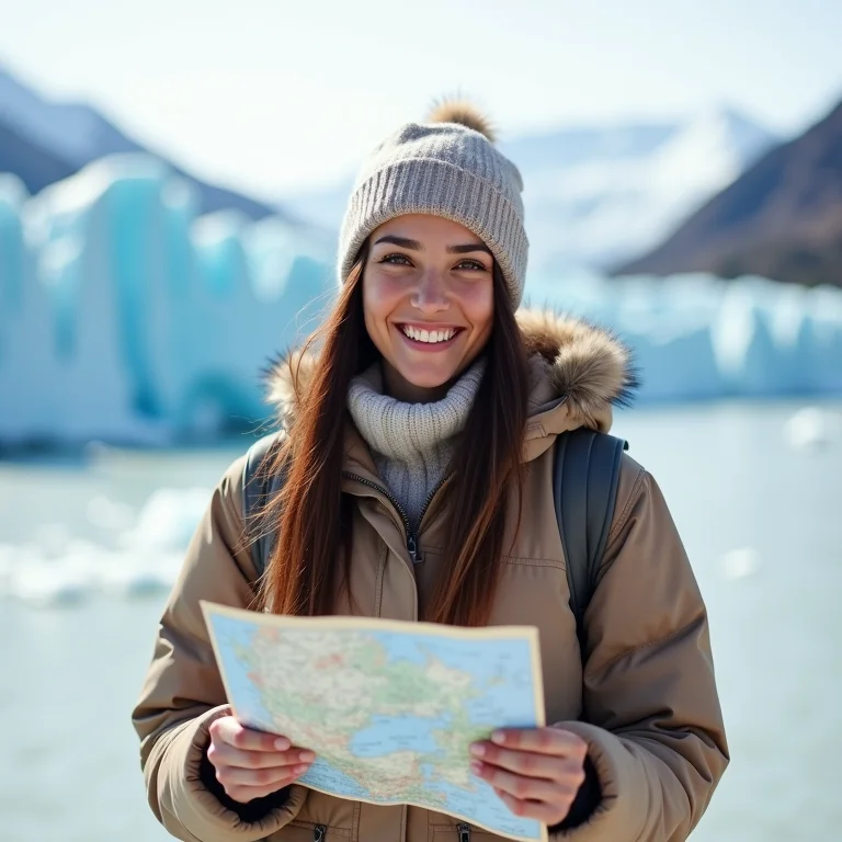Mulher diversa vestindo roupas de inverno quentes, segurando um mapa e parecendo animada, com uma paisagem glacial ao fundo