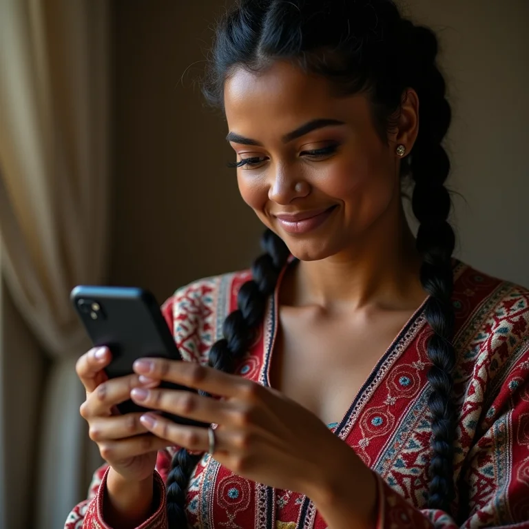 Mulher divulgando seus bordados russos nas redes sociais