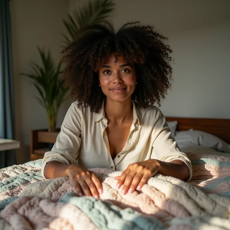 Mulher doando colcha artesanal