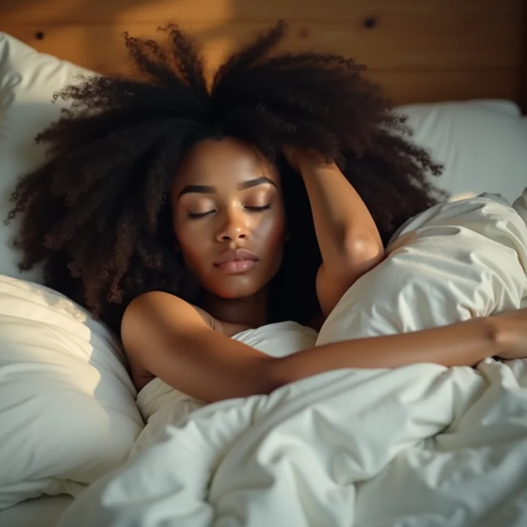 Mulher dormindo tranquilamente em uma cama confortável.