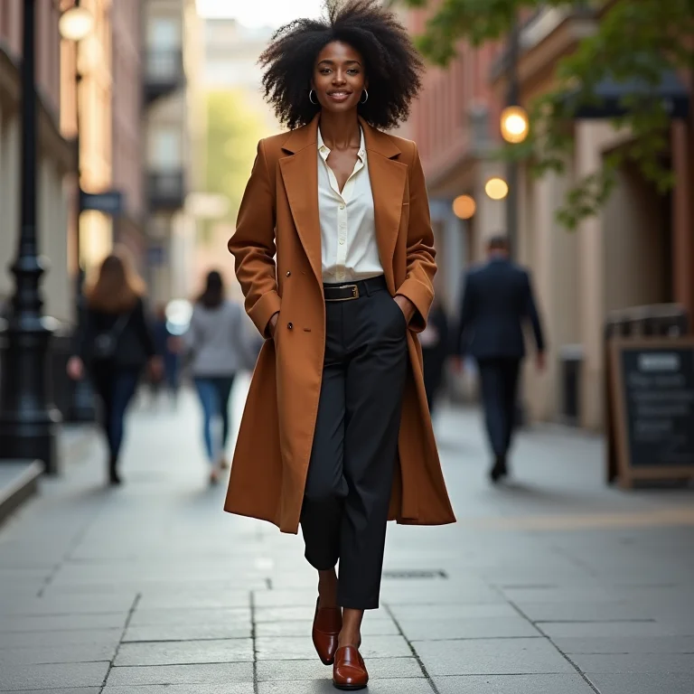 Mulher elegante caminhando na cidade usando mocassins.