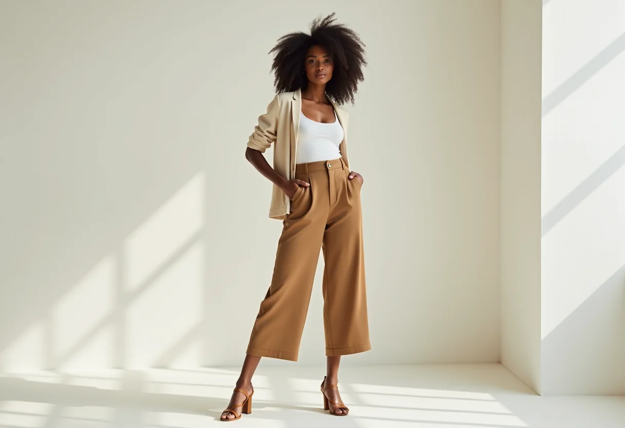 Mulher elegante usando calças que alongam a silhueta