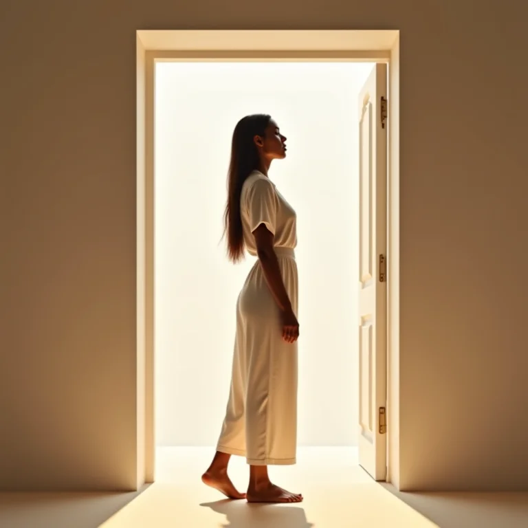 Mulher em frente a uma porta aberta, representando a possibilidade de um futuro mais saudável após se afastar de um relacionamento tóxico.