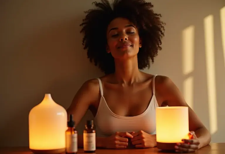 Mulher em meditação com óleos essenciais para bem-estar