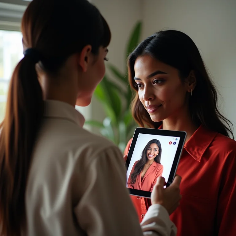 Mulher em videochamada com um consultor de imagem, representando o acompanhamento personalizado