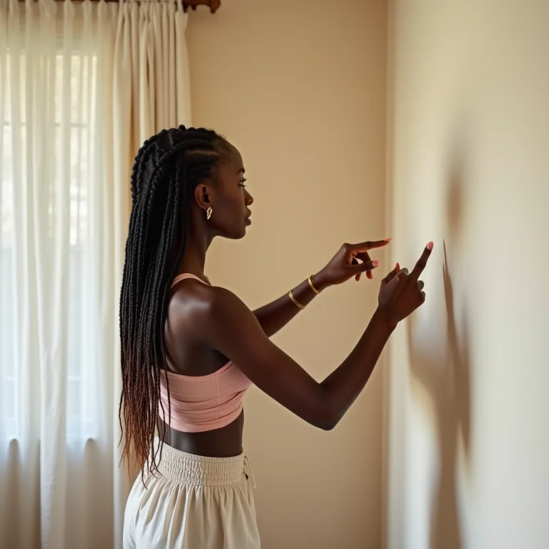 Mulher escolhendo qual parede receberá o papel de parede no quarto