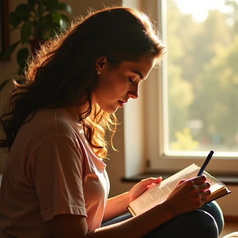 Mulher escrevendo em diário após meditação
