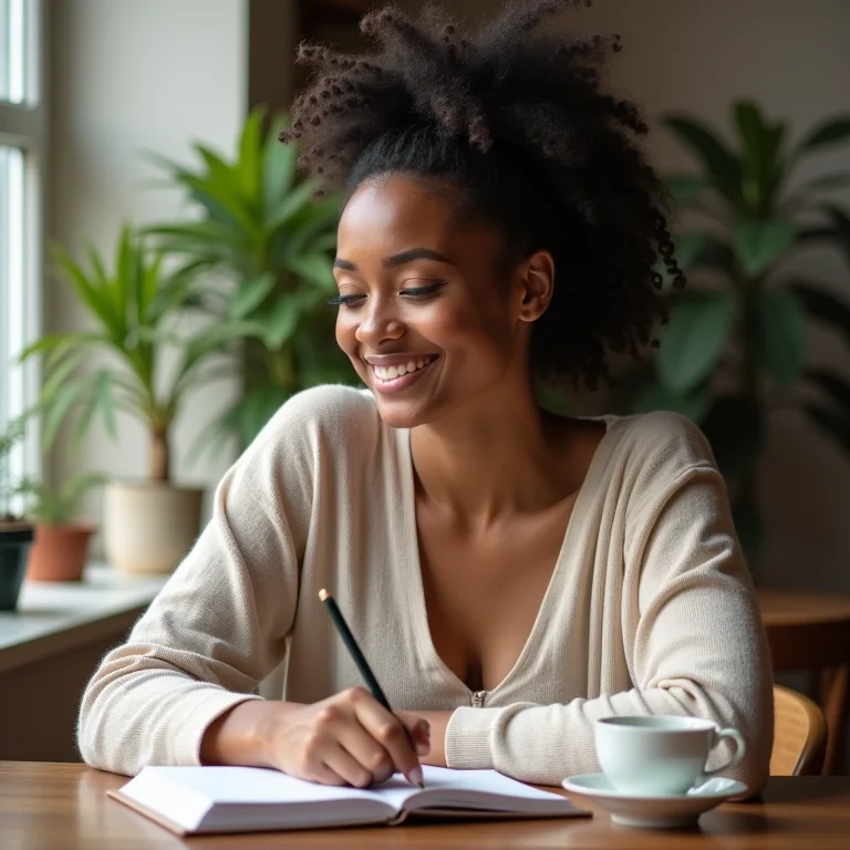 Mulher escrevendo em um diário com uma xícara de chá