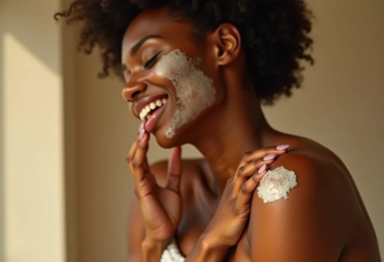 Mulher esfoliando a pele do ombro com um esfoliante natural