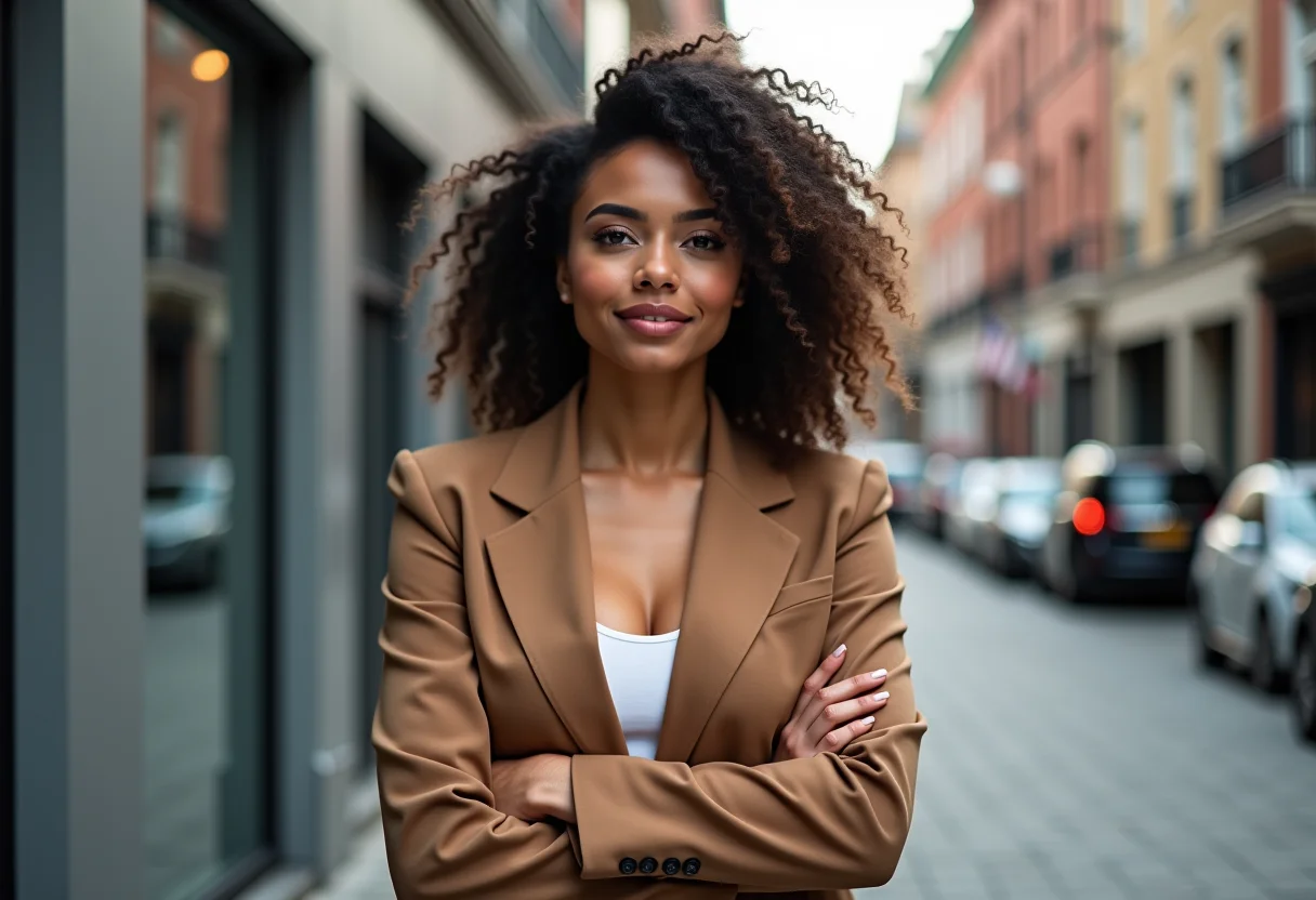 Mulher estilosa com blazer em cenário urbano