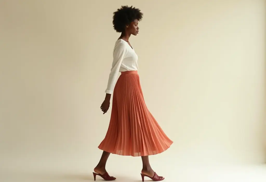 Saia midi plissada: o truque de styling que alonga a silhueta Mulher estilosa com saia midi plissada alongando a silhueta