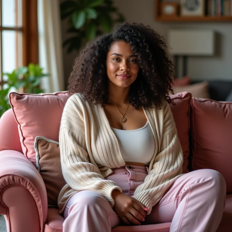 Mulher estilosa em sala com sofá rosa.