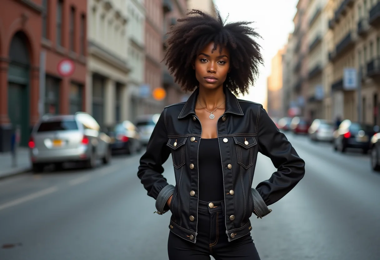 Mulher estilosa usando calça jeans preta em ambiente urbano.