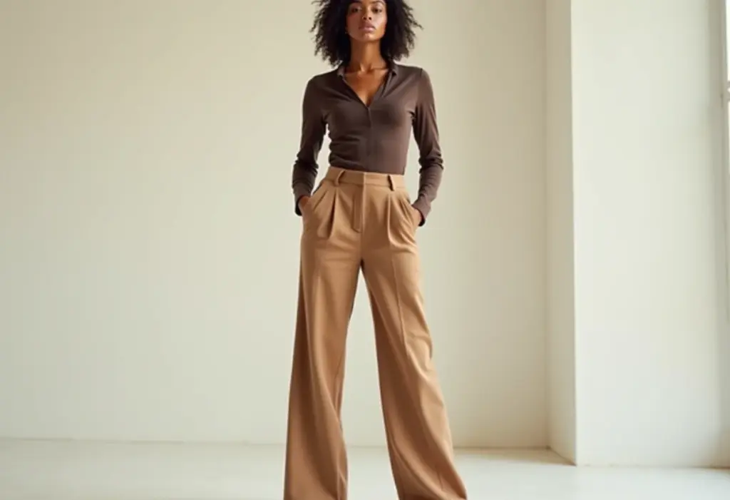 Calças femininas: 5 truques de styling que alongam a silhueta Mulher estilosa usando calças de cintura alta, alongando a silhueta