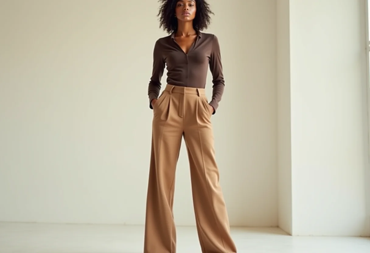 Mulher estilosa usando calças de cintura alta, alongando a silhueta