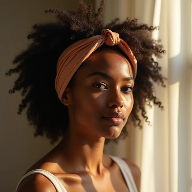 Mulher estilosa usando lenço de seda no cabelo