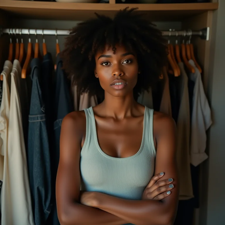 Mulher estressada em frente a um guarda-roupa bagunçado