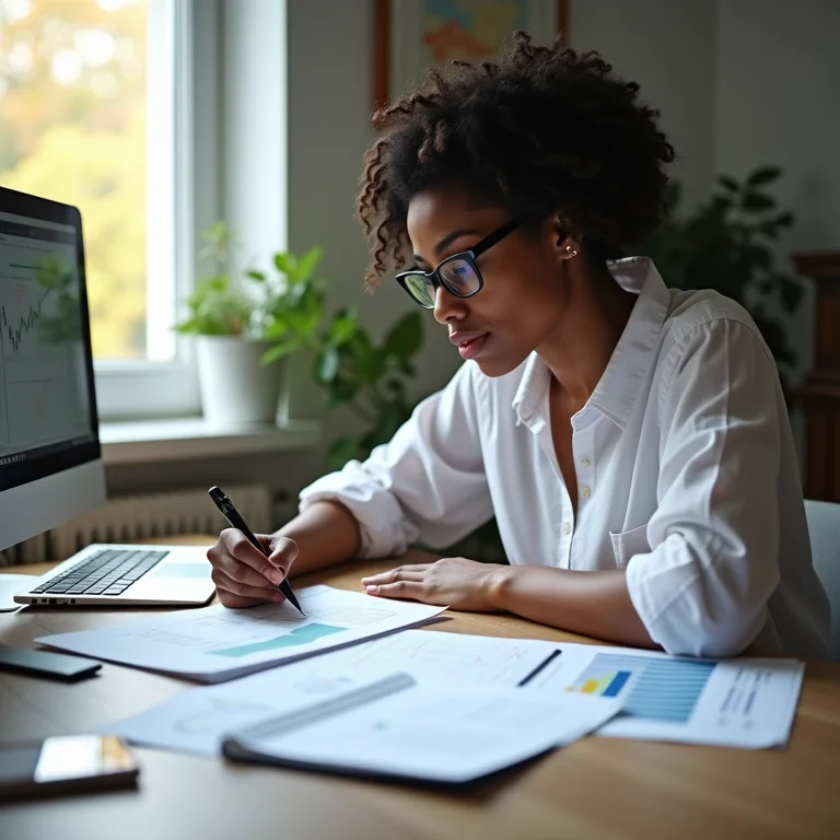Mulher estudando gráficos financeiros