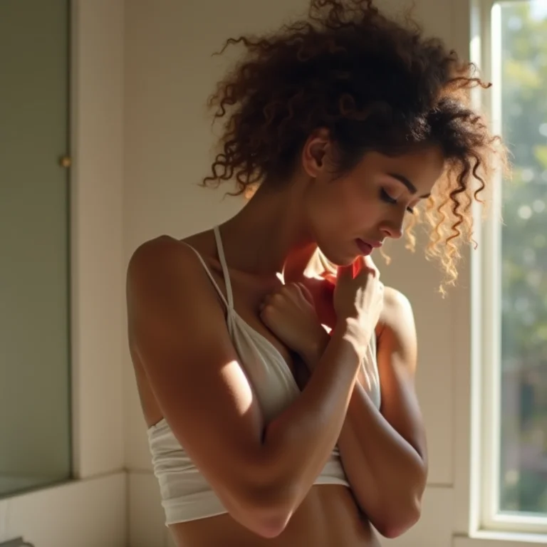 Mulher examinando a pele da axila em um banheiro iluminado.