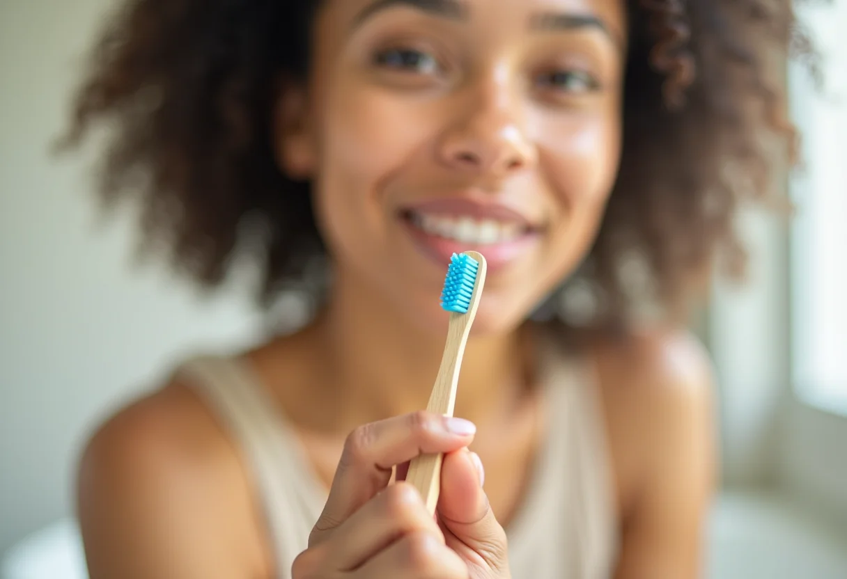 Mulher examinando escova de dentes de bambu em banheiro minimalista