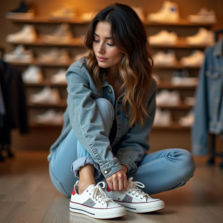 Mulher experimentando tênis em uma loja