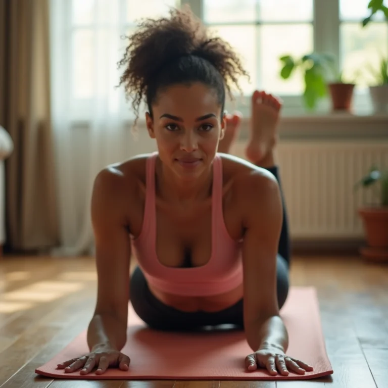 Mulher fazendo abdominal remador em casa.