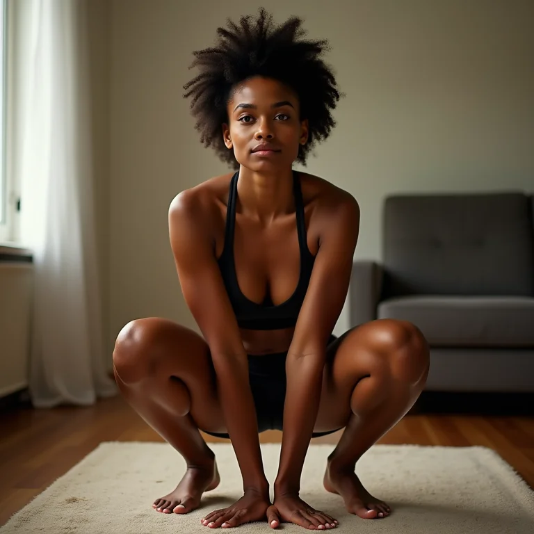 Mulher fazendo agachamento em casa.