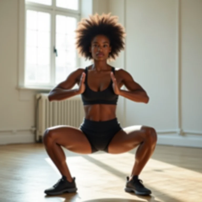 Mulher fazendo agachamentos em um estúdio.