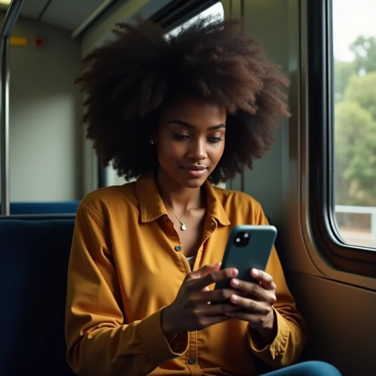 Mulher fazendo chamada de vídeo no trem, conectada com a família durante a viagem.