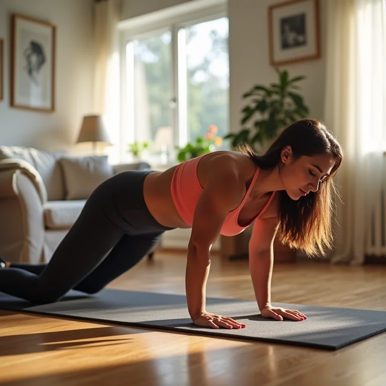 Mulher fazendo prancha em casa.