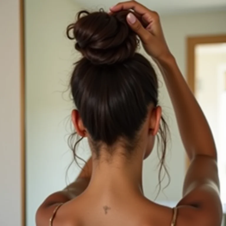 Mulher fazendo um coque alto com rosquinha em cabelo longo.