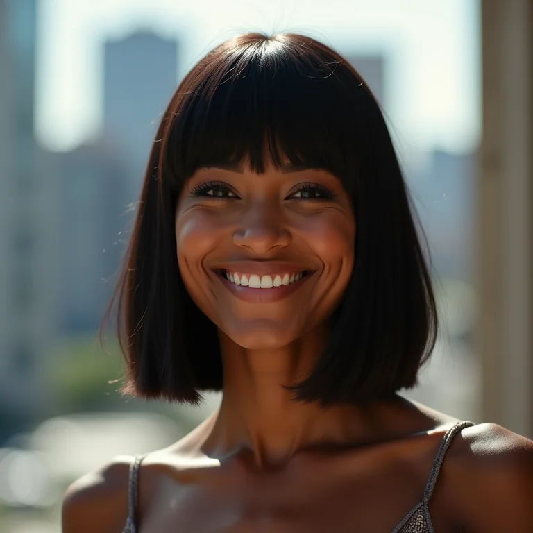 Mulher feliz com corte bob no comprimento ideal