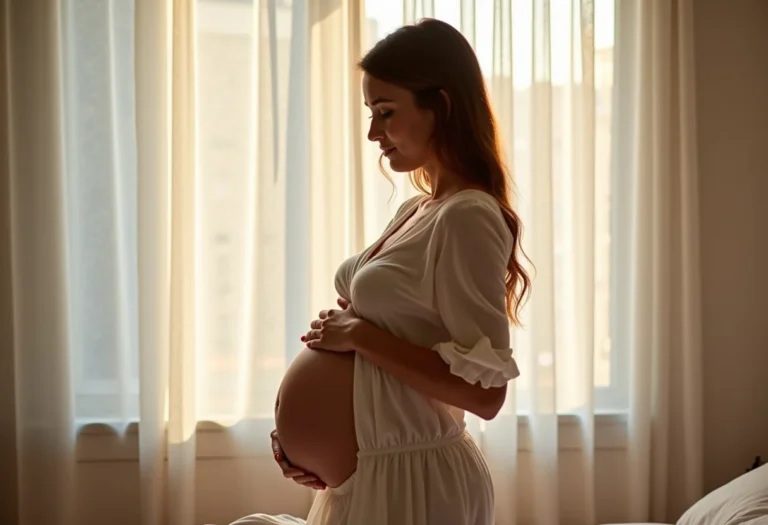 Mulher grávida sorrindo, segurando a barriga