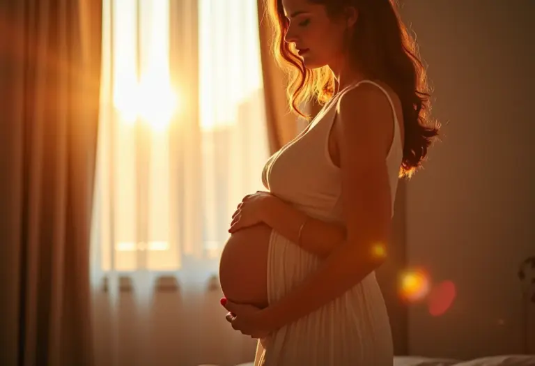 Mulher grávida sorrindo, segurando a barriga