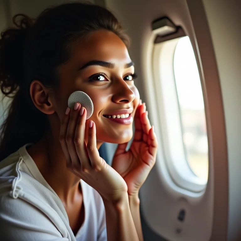 Mulher hidratando a pele durante voo longo