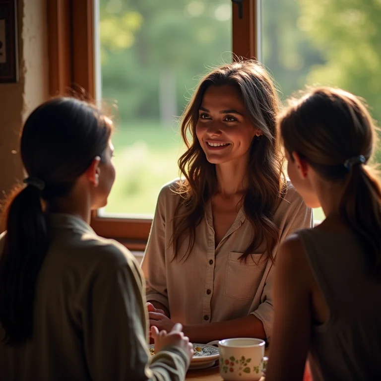 Mulher interagindo respeitosamente com moradores locais em vila rural com santuário animal