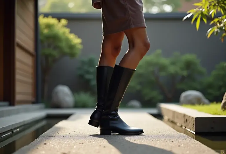 Mulher japonesa estilosa usando botas Tabi em jardim zen.