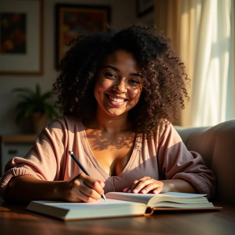 Mulher latina escrevendo em um diário, representando a definição de nicho em um blog de maternidade