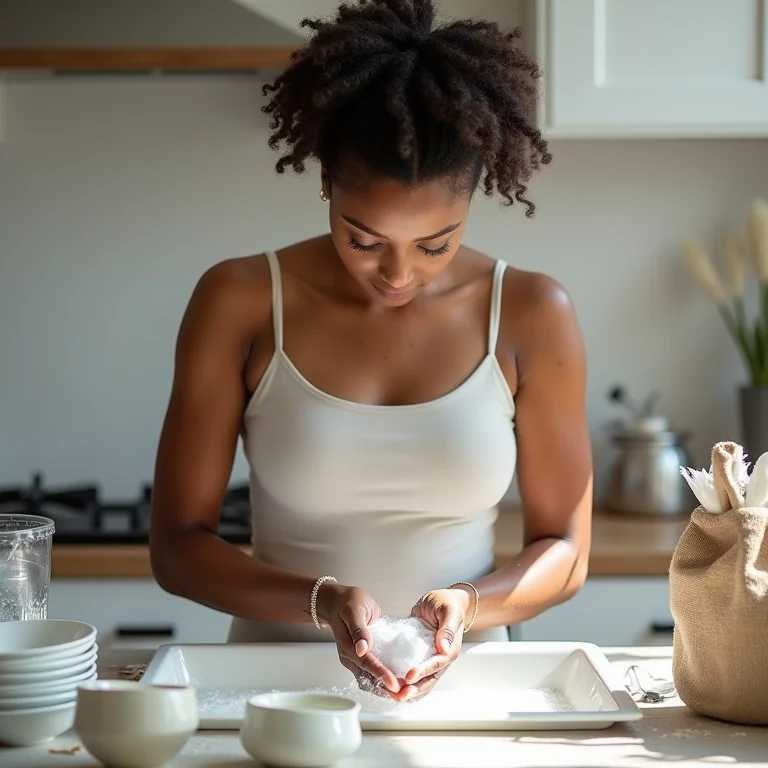 Mulher lavando louça com atenção plena.