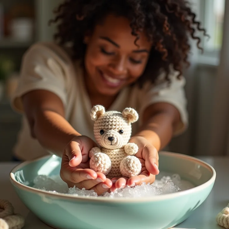 Mulher lavando um amigurumi à mão