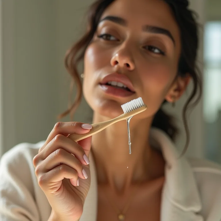 Mulher limpando escova de dentes de bambu com solução antibacteriana natural