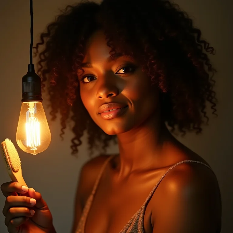 Mulher limpando luminária de barbante com delicadeza.