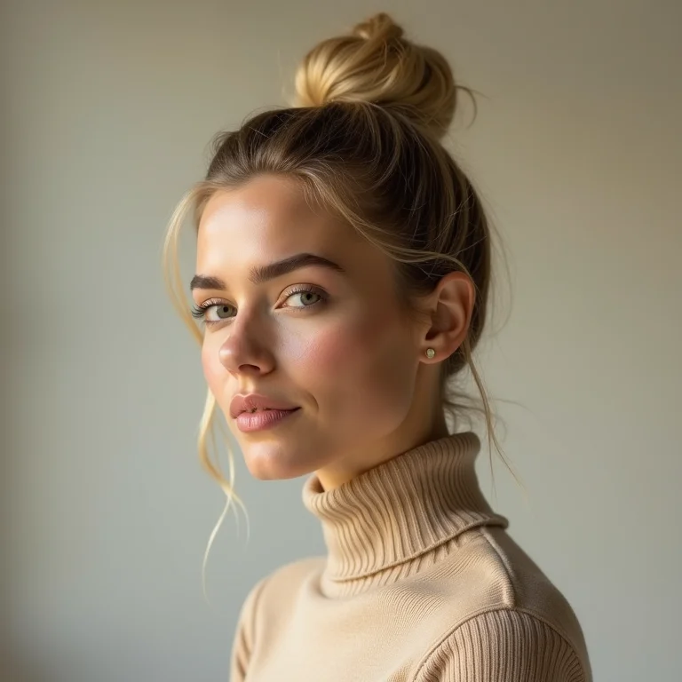 Mulher loira de gola alta bege com coque alto