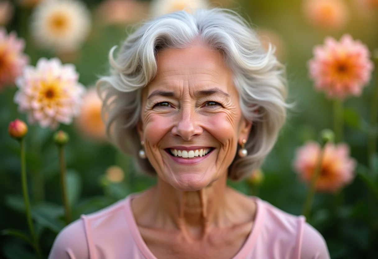 Mulher madura sorrindo em um jardim ensolarado, transmitindo alegria e aceitação da idade.