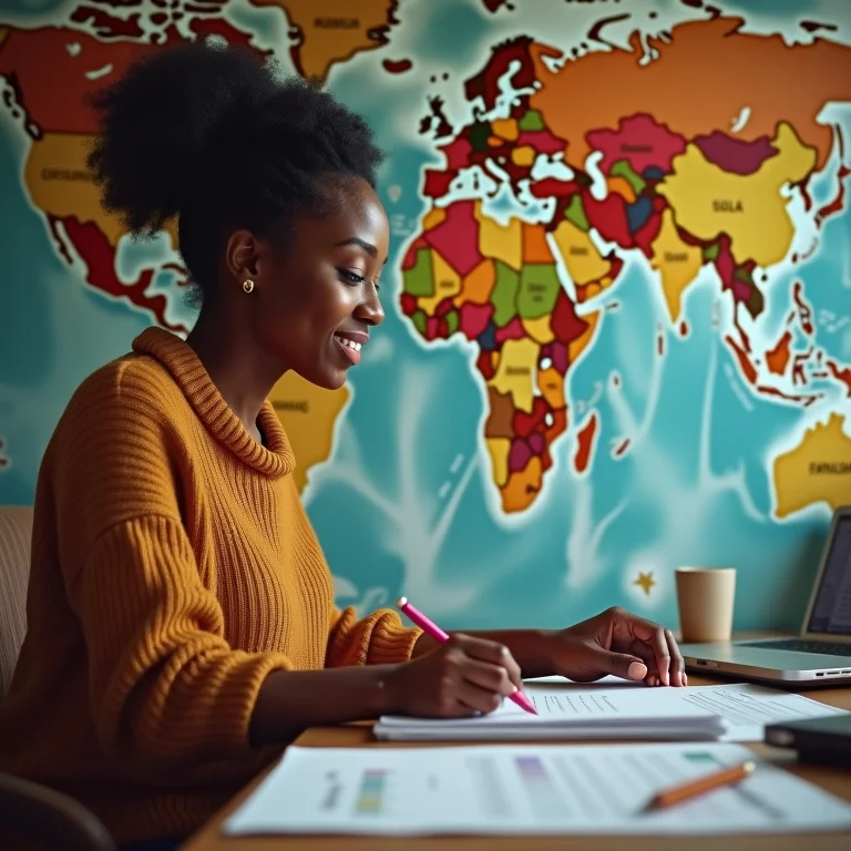 Mulher marcando destinos de viagem em mapa