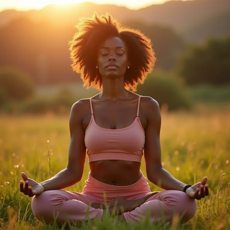 Mulher meditando ao ar livre em um ambiente tranquilo.