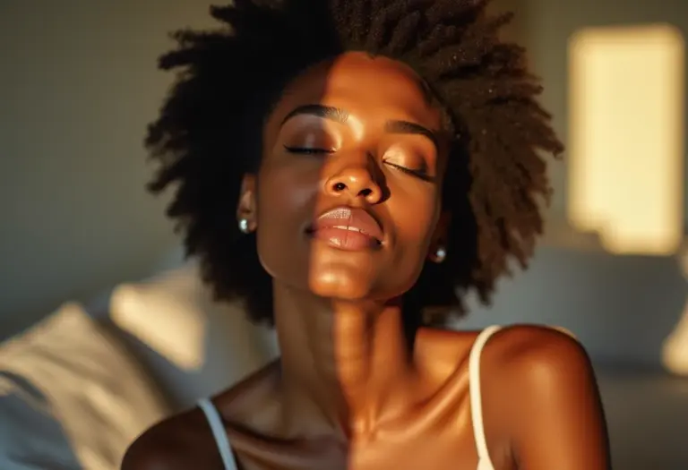 Mulher meditando com expressão serena em ambiente iluminado.